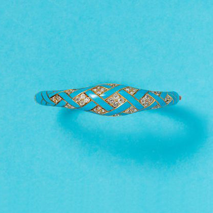 Victorian Antique Turquoise Blue Enamel and Diamond Bangle Bracelet, 0.80 carats