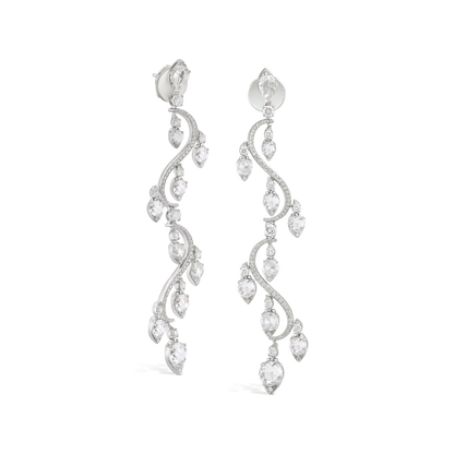 Contemporary Diamond Drop Earrings; 18 graduated rondelle diamonds, accented with 212 round brilliant cut diamonds, 4.21 carat total, 18ct white gold