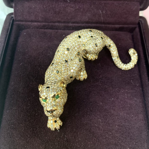 Gold and Diamond Panther Brooch with Emerald Eyes