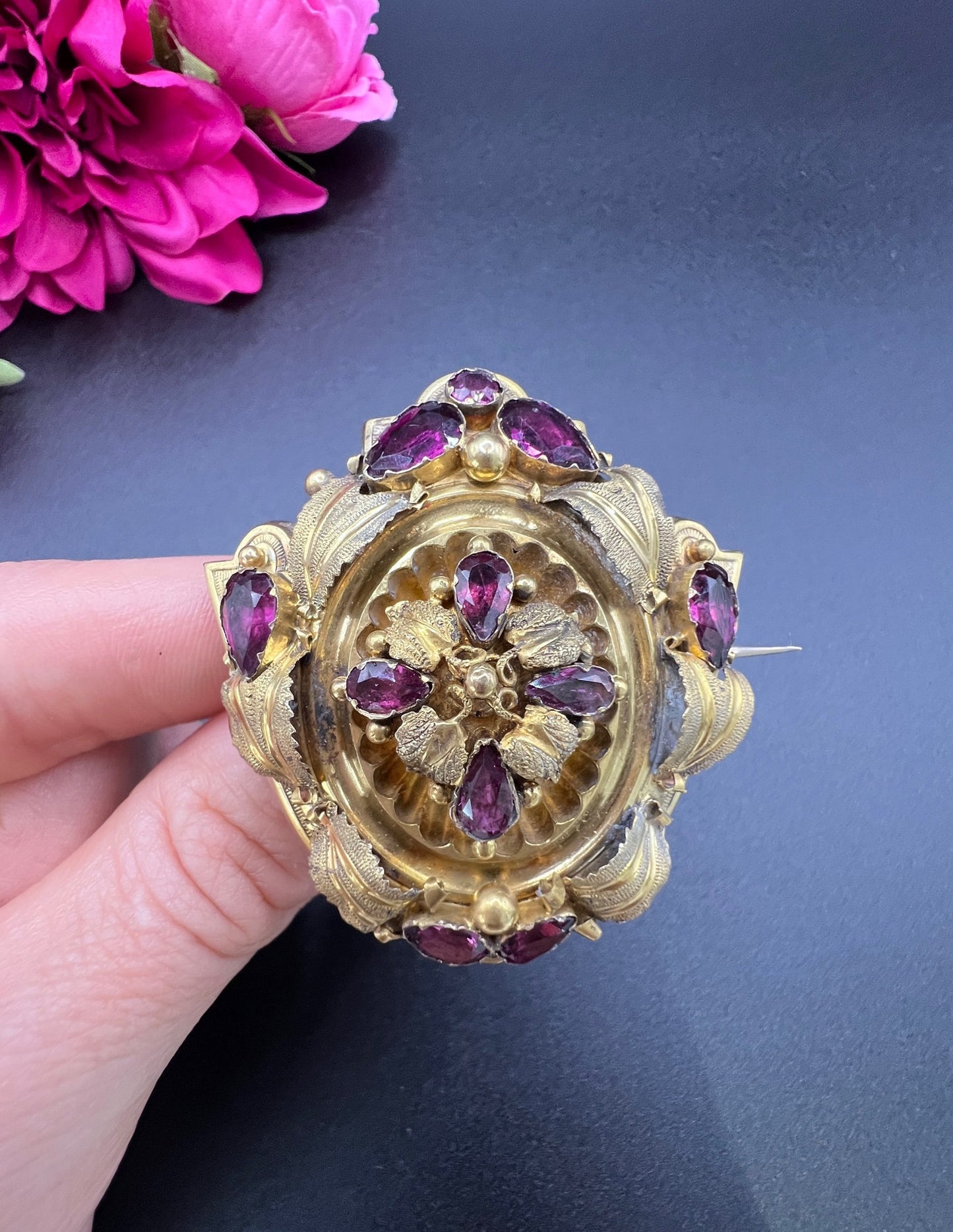 Antique 15ct Gold, Victorian Almandine Garnet Etruscan Design, Locket Back Brooch