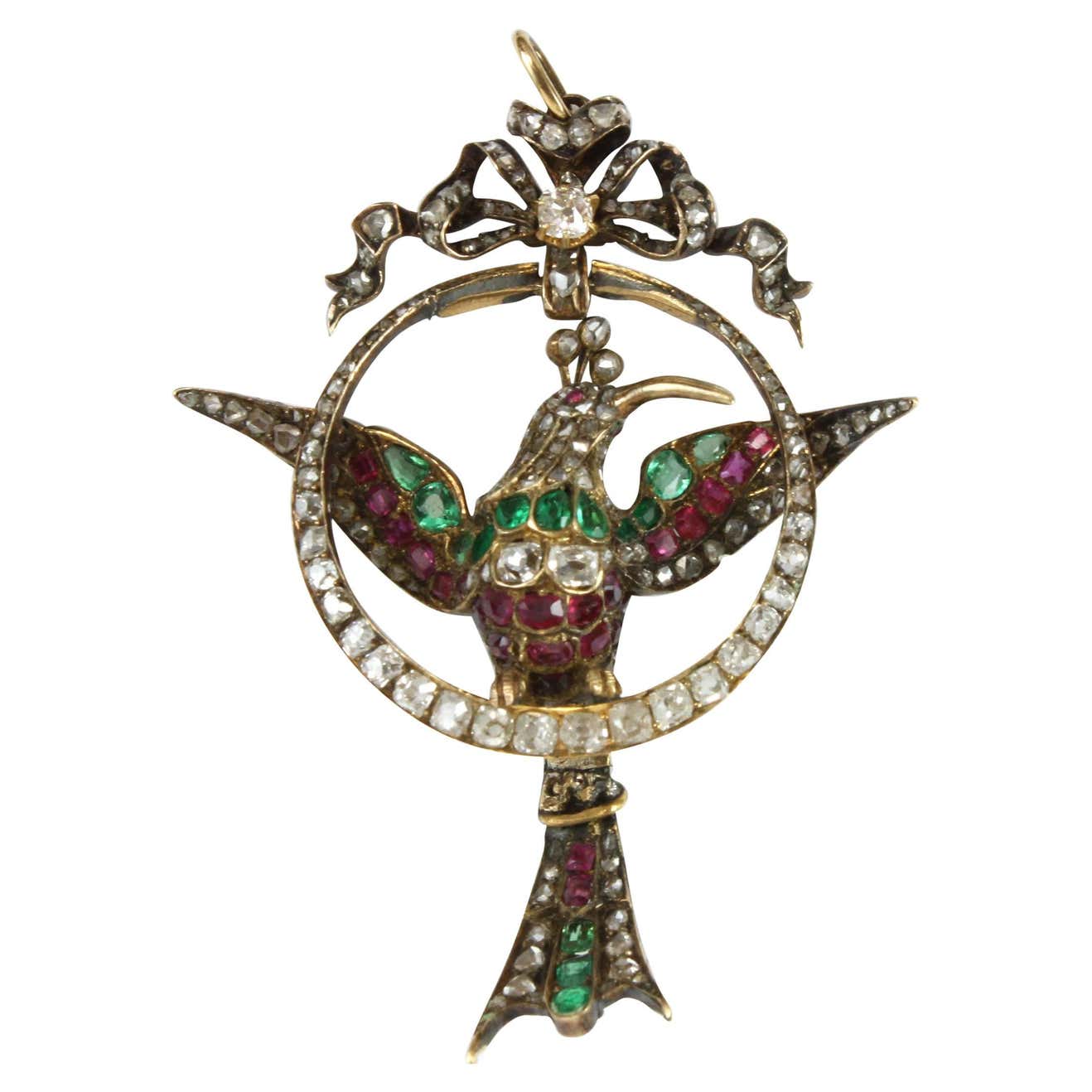 Antique Early Victorian Old Cut Diamond, Ruby and Emerald Mockingbird Pendant