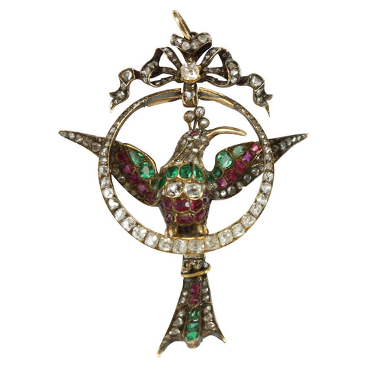 Antique Early Victorian Old Cut Diamond, Ruby and Emerald Mockingbird Pendant