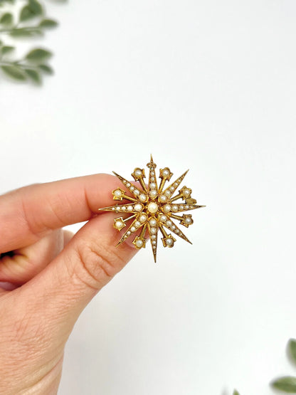 Antique 15 ct Yellow Gold, Edwardian Seed Pearl Star Pendant/Brooch