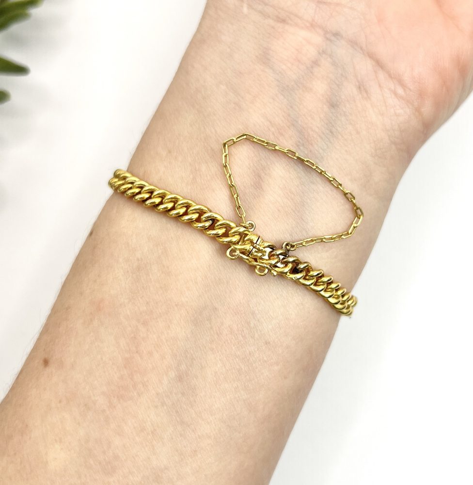 Edwardian Antique Sapphire and Diamond Cluster Fancy Heart Link Gold Curb Bracelet