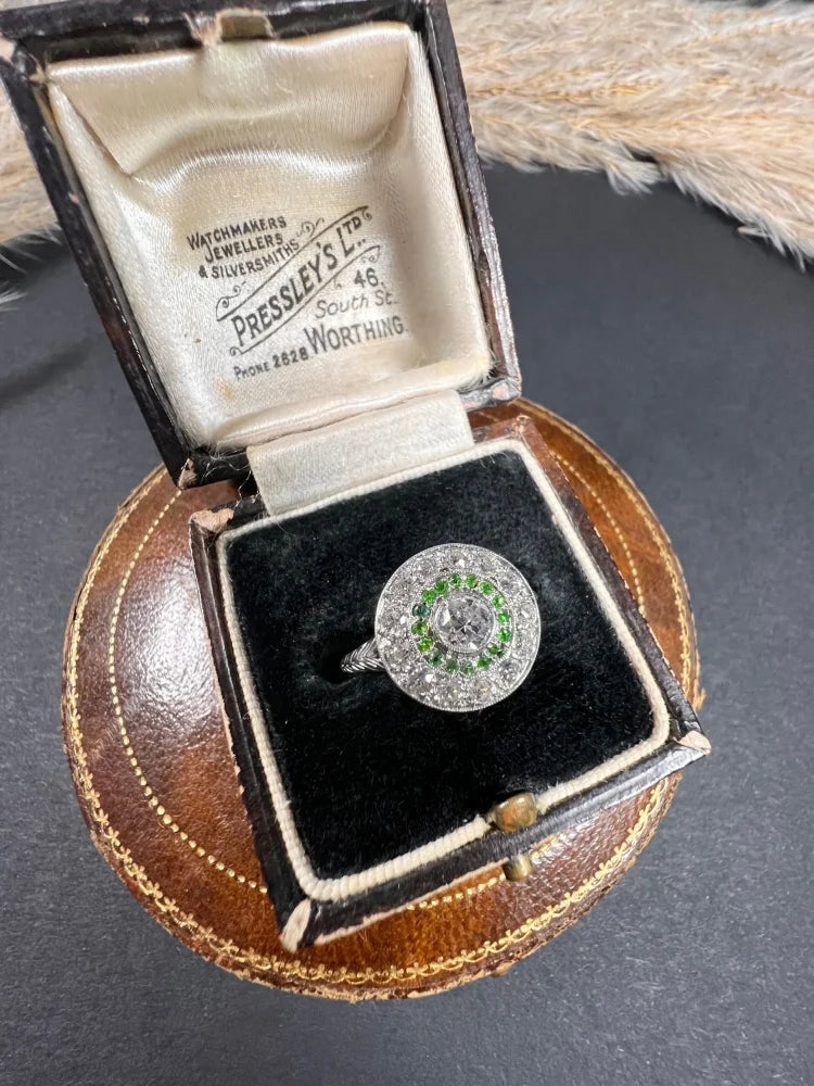 Edwardian Antique Demantoid Garnet and Diamond Target Cluster Ring