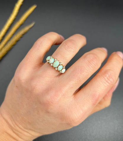 Antique 14ct Yellow Gold Stamped, 1920s Opal & Diamond Five Stone Ring