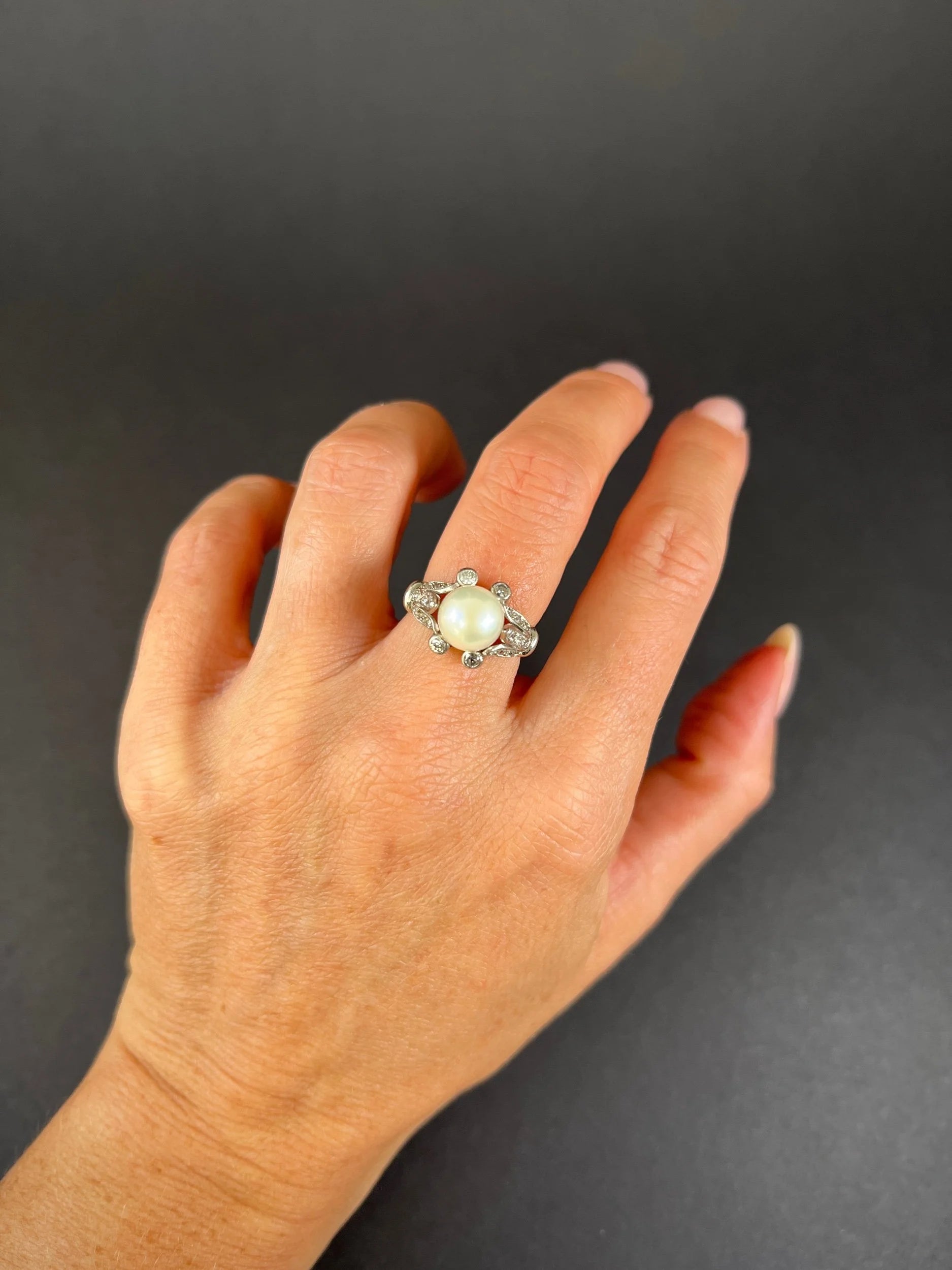 Antique 18ct White Gold, Edwardian Cultured Pearl & Old Cut Diamond Ring