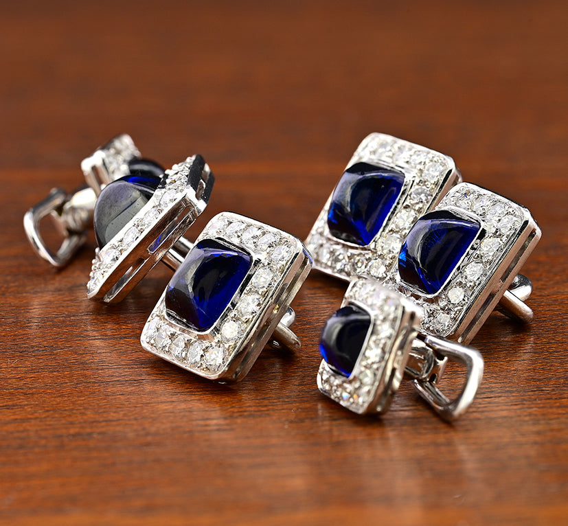 Vintage 11.40ct Sugarloaf Sapphire and Diamond Cluster Cufflinks Suite Dress Set