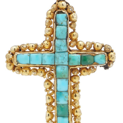Antique Etruscan Revival Turquoise and 20ct Gold Cross Pendant