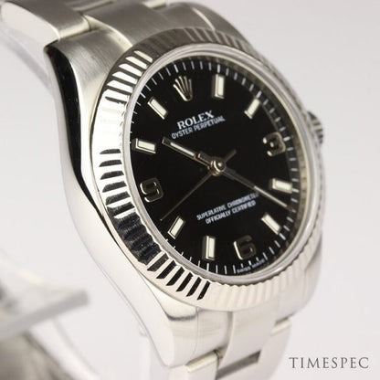 Rolex Oyster Perpetual Midsize 31mm Steel and White Gold Automatic Watch; Ref 177234, black dial, screw down crown and sapphire crystal, on a stainless steel Oyster bracelet, Circa 2006-2007