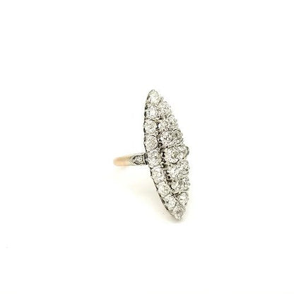 Antique Victorian Marquise Shaped Diamond Navette Ring; navette cluster ring, round cut diamonds set into a marquise shape, 2.00 carat total