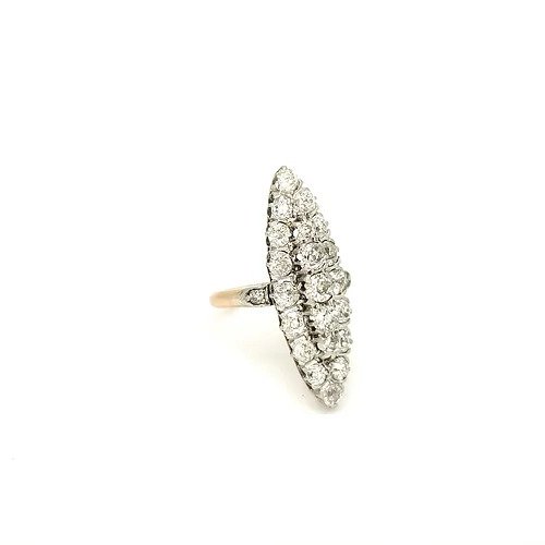 Antique Victorian Marquise Shaped Diamond Navette Ring; navette cluster ring, round cut diamonds set into a marquise shape, 2.00 carat total