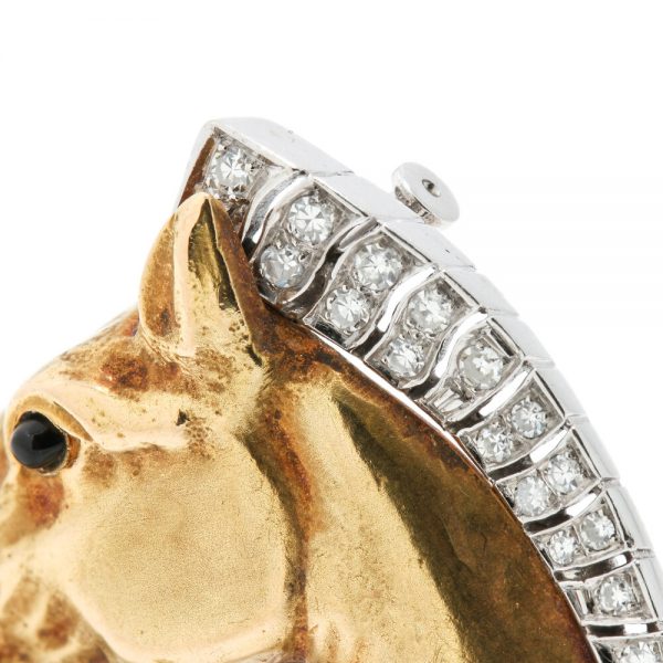 Vintage 18ct Yellow Gold Horse Head Brooch with Diamonds; 18ct gold brooch in the form of a horse's head, the mane decorated with brilliant-cut diamonds. Circa 1950s