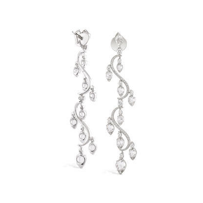 Contemporary Diamond Drop Earrings; 18 graduated rondelle diamonds, accented with 212 round brilliant cut diamonds, 4.21 carat total, 18ct white gold