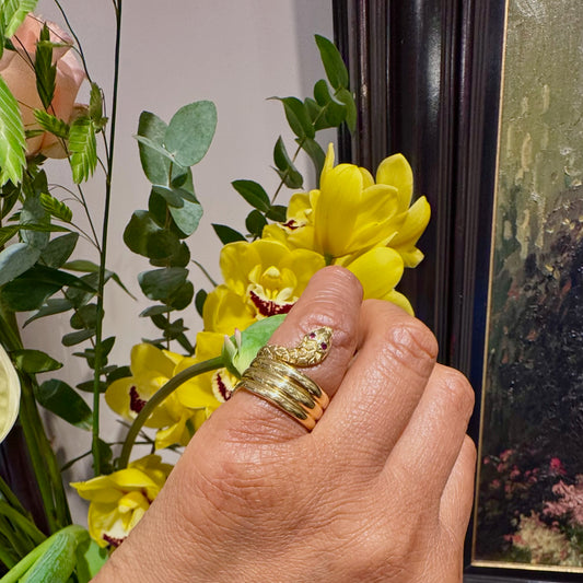 Gold and ruby long snake ring 
