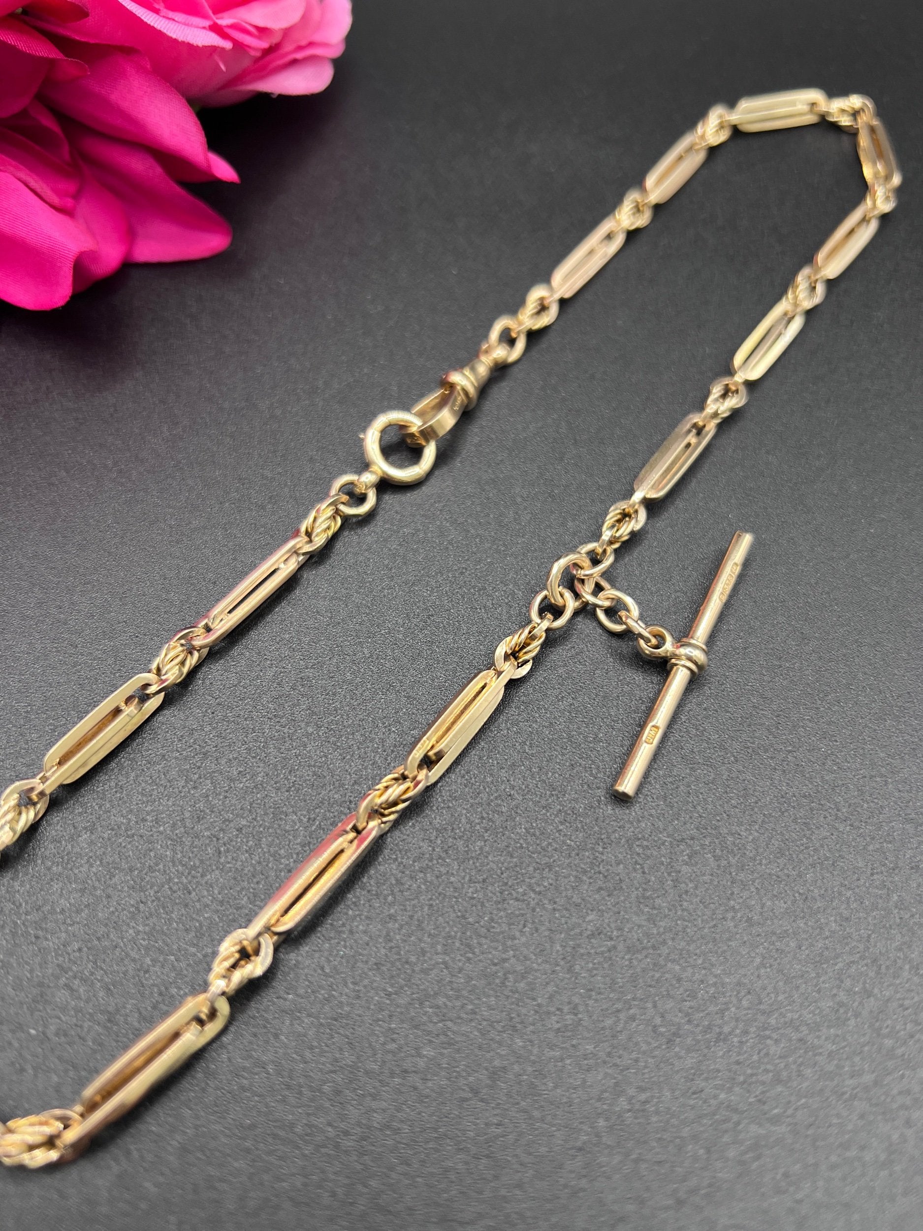 Antique 9ct Yellow Gold, Albert Chain Necklace: Edwardian Fancy Paperclip Link