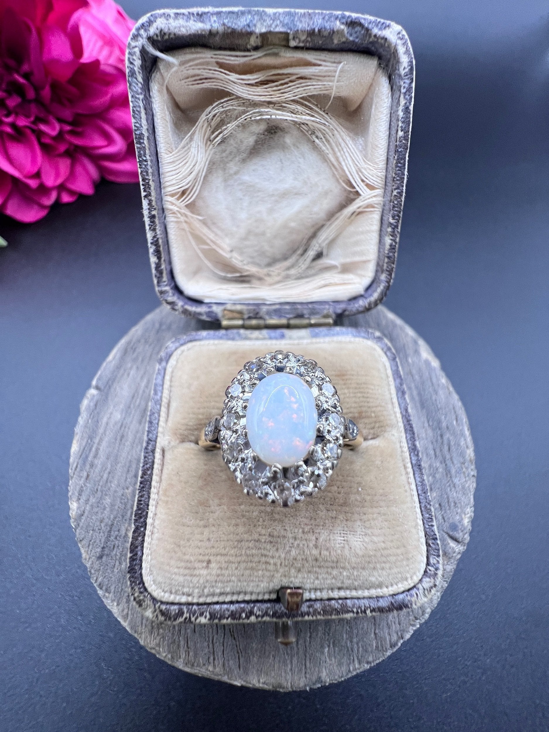 Vintage 18 Carat Yellow Gold Opal and Diamond Oval Cluster Ring, Hallmarked 1963