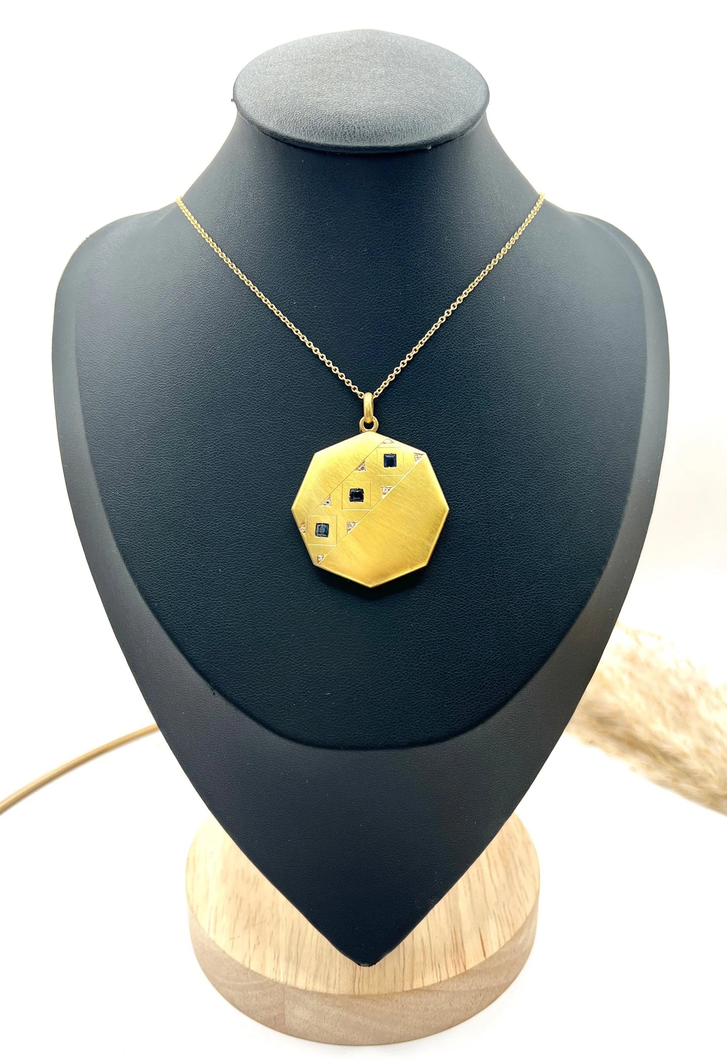 Vintage 15 Carat Yellow Gold Octagonal Shaped Sapphire and Diamond Locket, Circa 1930