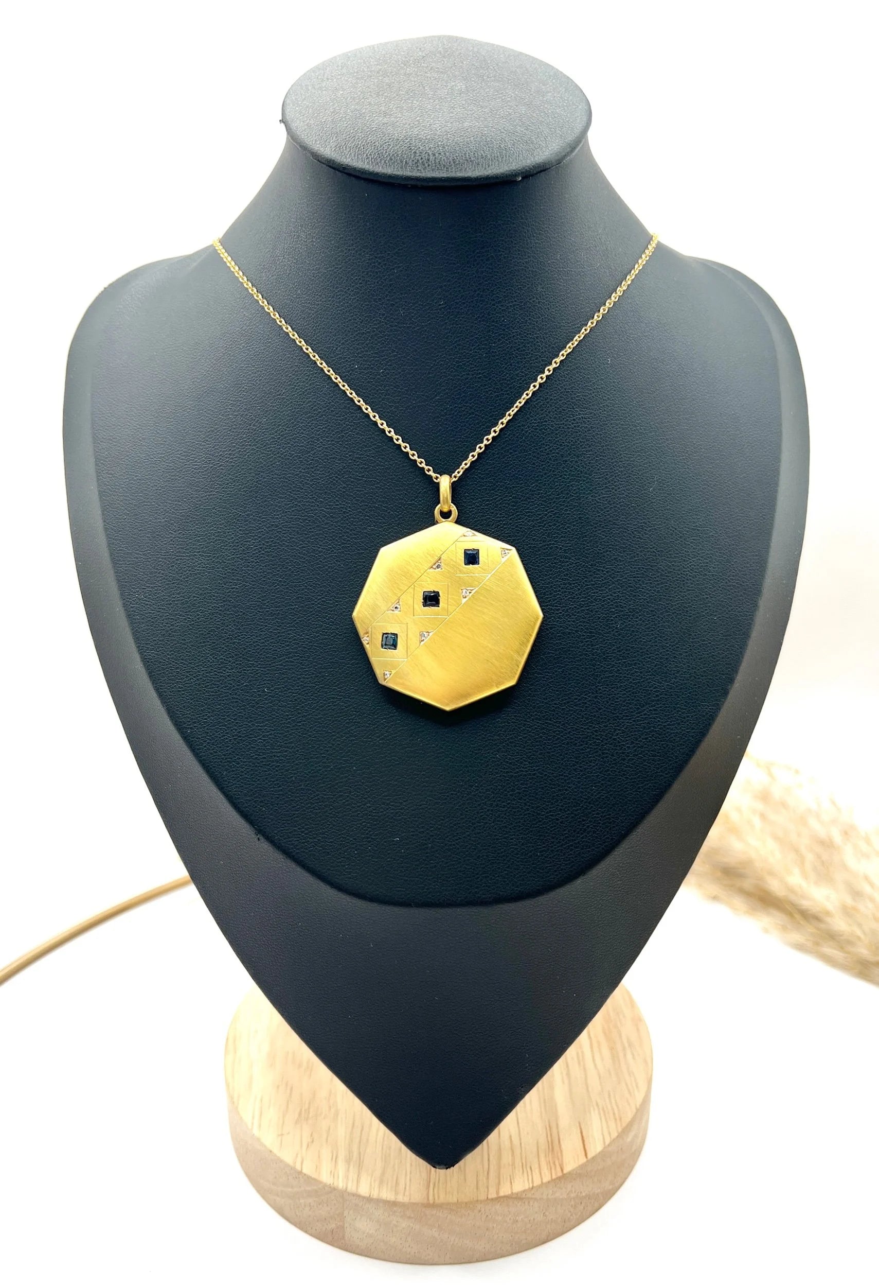 Vintage 15 Carat Yellow Gold Octagonal Shaped Sapphire and Diamond Locket, Circa 1930