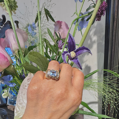 Vintage Retro Blue Spinel and Diamond Tank Ring