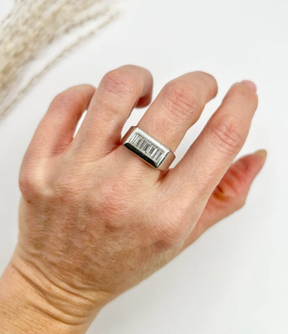 Vintage Diamond Cocktail Tank Ring In Platinum