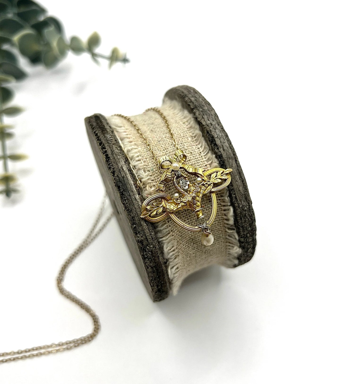 Antique 18 ct Gold, Edwardian Diamond And Seed Pearl Floral Basket Pendant Necklace
