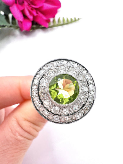Vintage 18ct Gold French, 1940s Peridot and Diamond Double Halo Ring