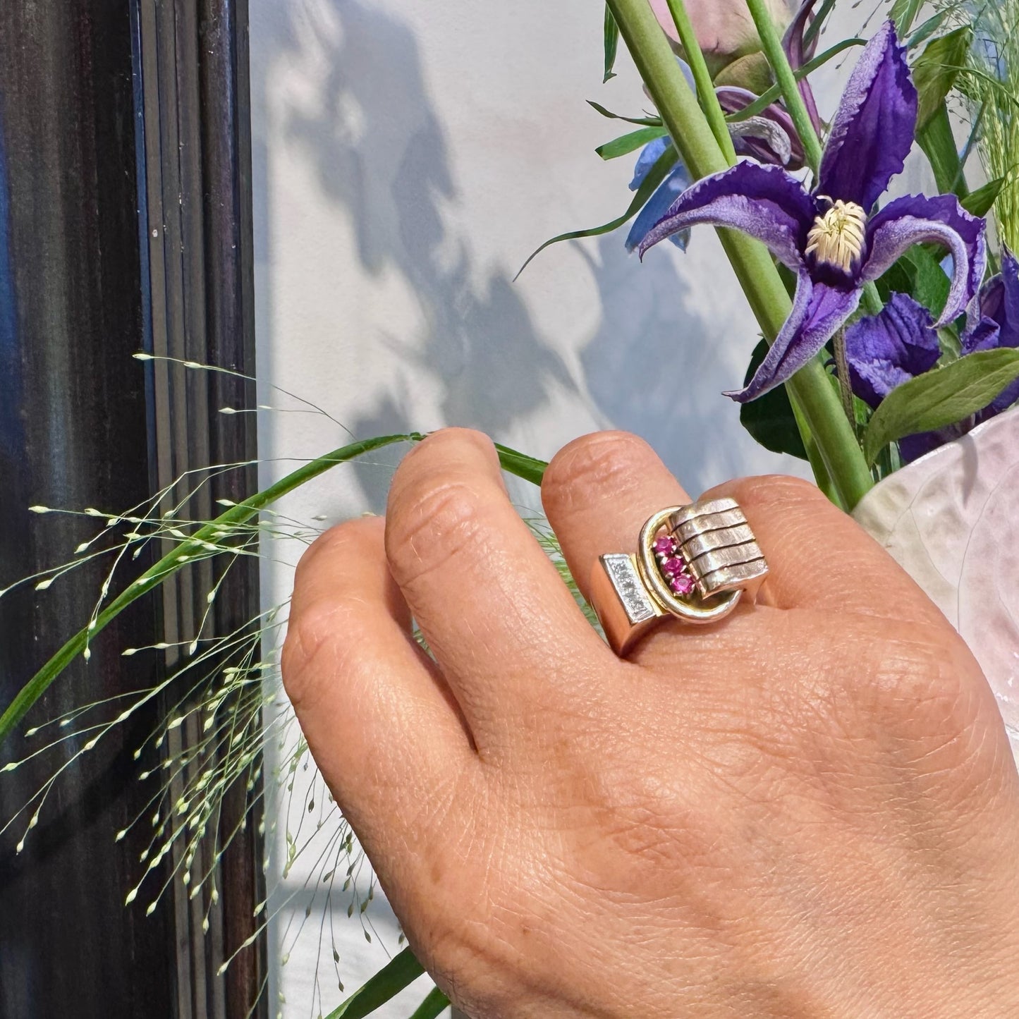 Vintage 1940s Diamond Ruby 14ct Gold Tank Band Ring