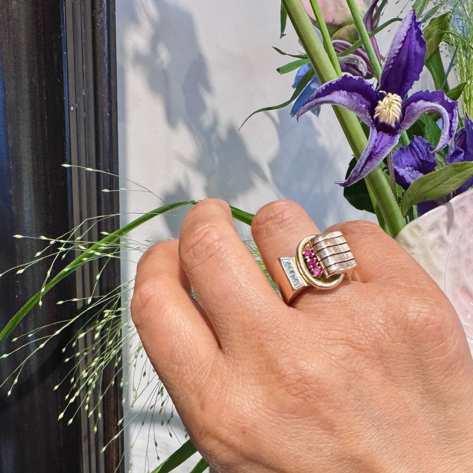 Vintage 1940s Diamond Ruby 14ct Gold Tank Band Ring