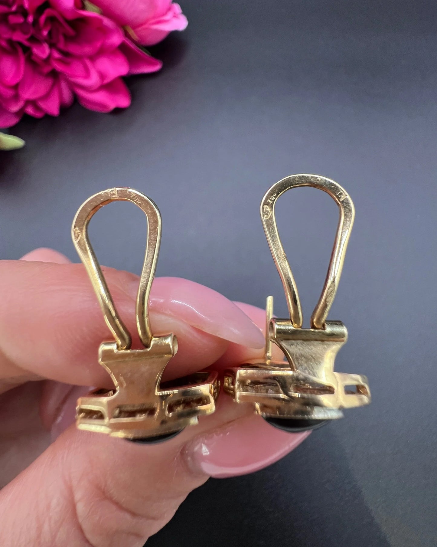 Vintage 14 ct Gold, Italian 1940's Art Deco Design, Diamond And Onyx Earrings