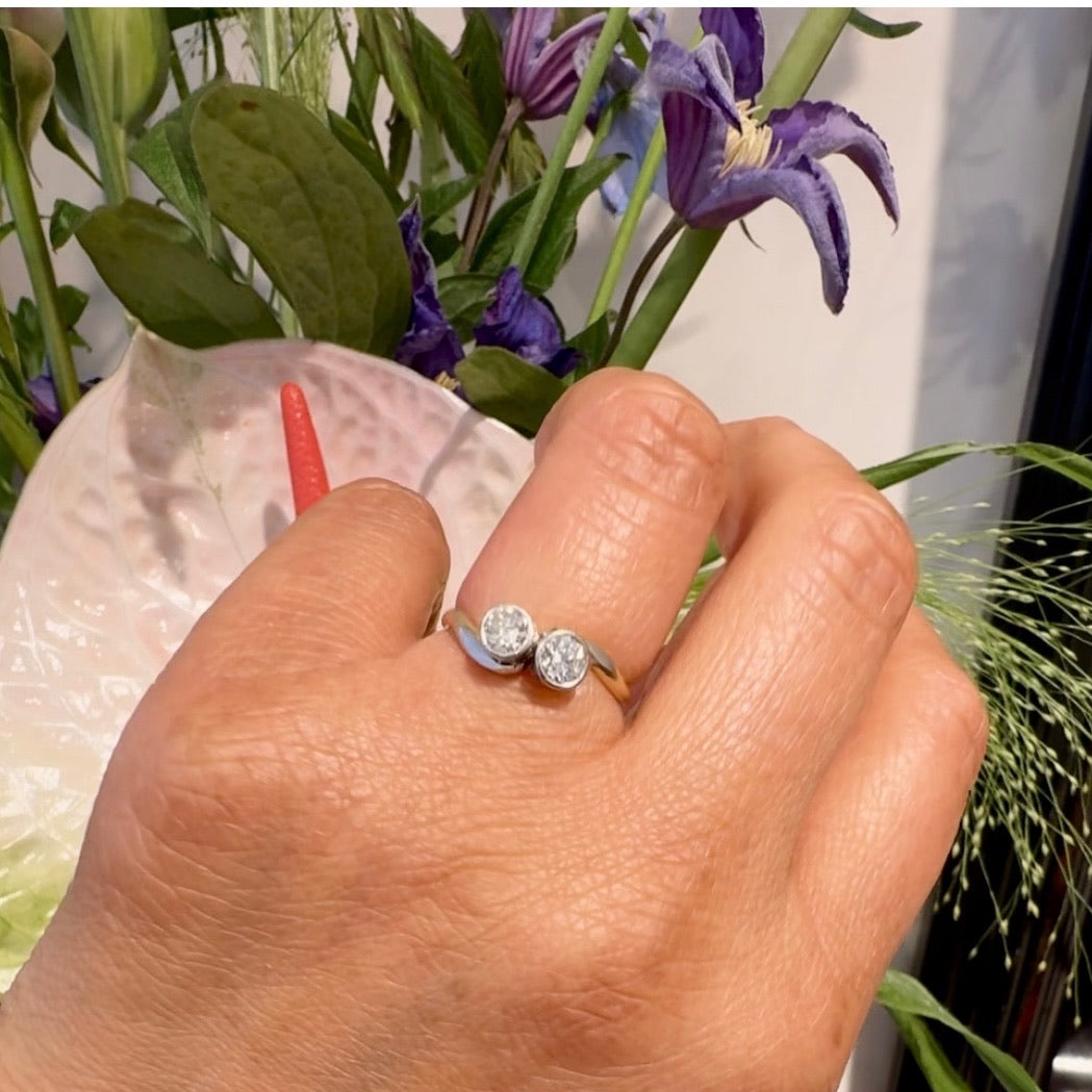 Vintage Old European Cut Diamond Two Stone Toi et Moi Engagement Ring