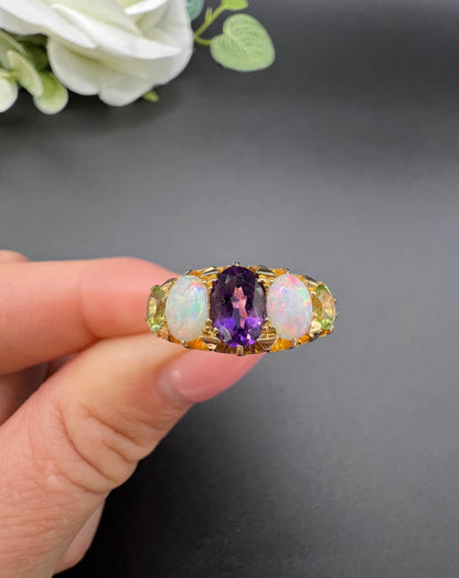 Antique 18 ct Gold, Amethyst, Opal And Peridot Suffragette Ring