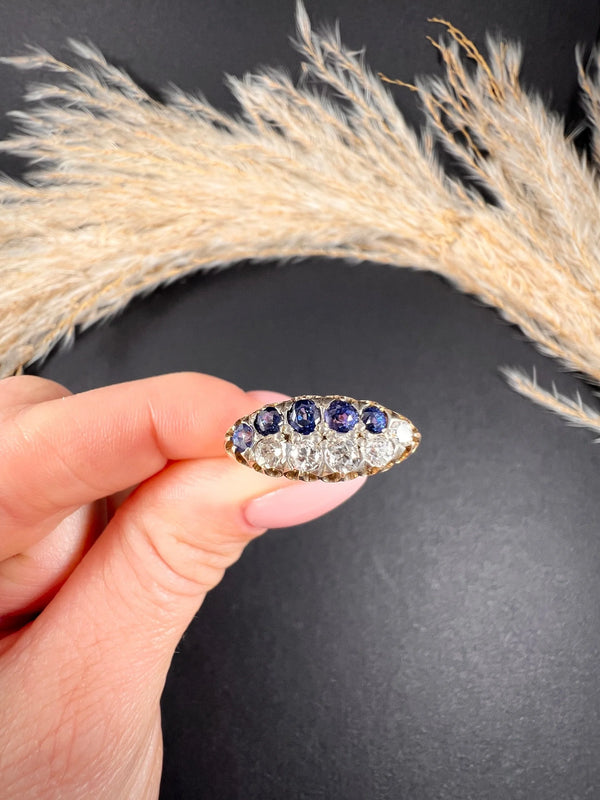 Victorian 18 Carat Gold Sapphire and Diamond Boat Shaped Ring, Circa 1880