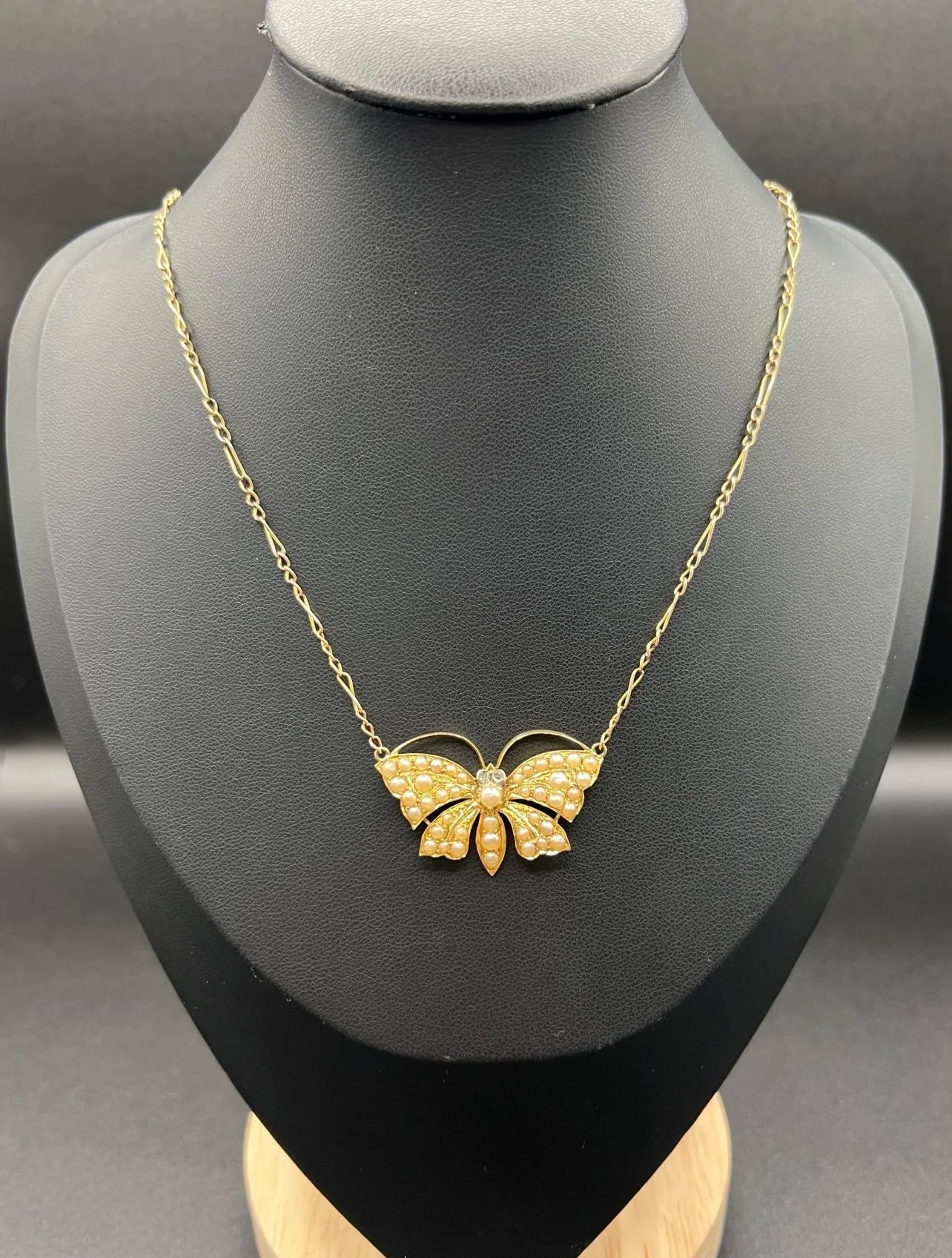 Antique 18 Carat Gold Victorian Butterfly Necklace Set With Pearls And Diamond Eyes