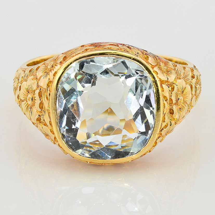 Art Nouveau 7ct Cushion Cut Natural Aquamarine Solitaire Unisex Signet Ring in 18ct Yellow Gold with fine carved flower motifs