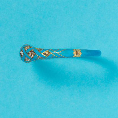 Victorian Antique Turquoise Blue Enamel and Old Cut Diamond Bangle Bracelet, 0.80 carats