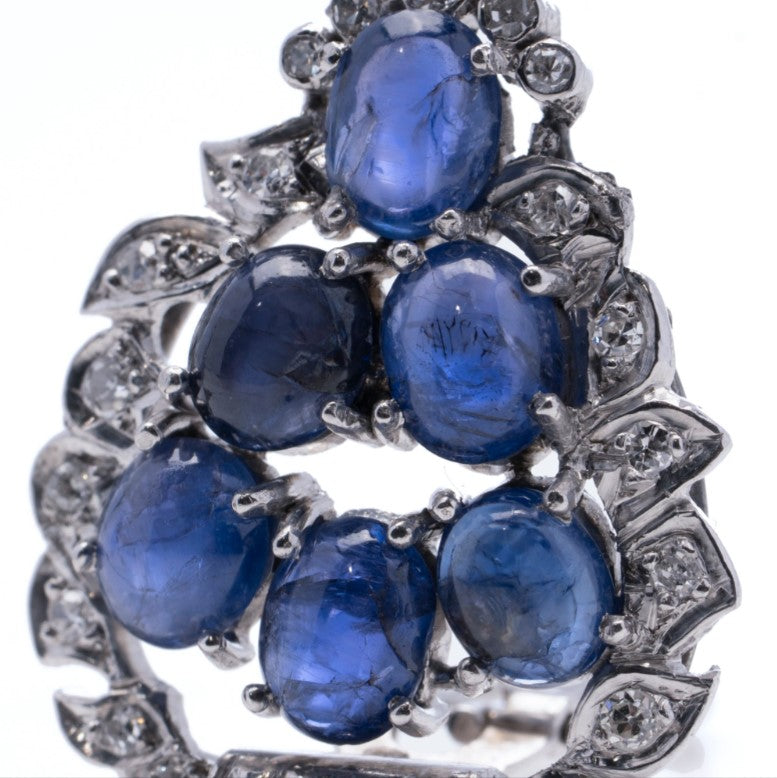 7.20ct Natural Cabochon Sapphire and Diamond Leaf Shaped Cluster Earrings