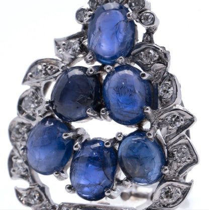 7.20ct Natural Cabochon Sapphire and Diamond Leaf Shaped Cluster Earrings