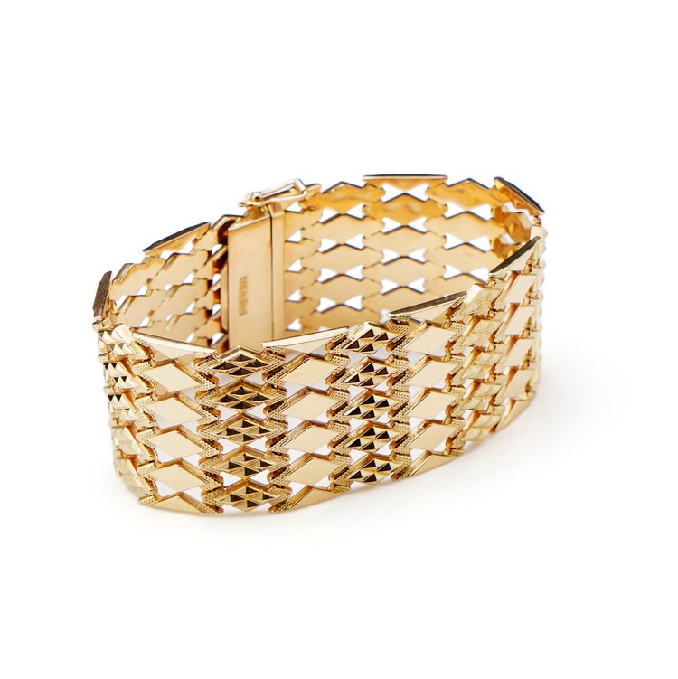 Vintage Italian Fancy Diamond Link Wide Cuff Gold Bracelet