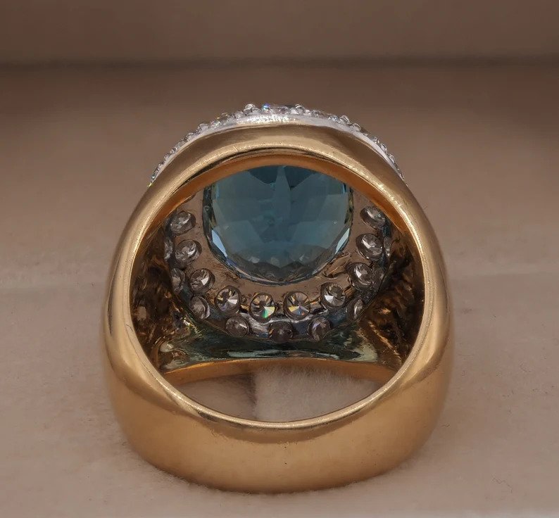 Vintage 6.20ct Aquamarine and Double Diamond Cluster Dress Ring