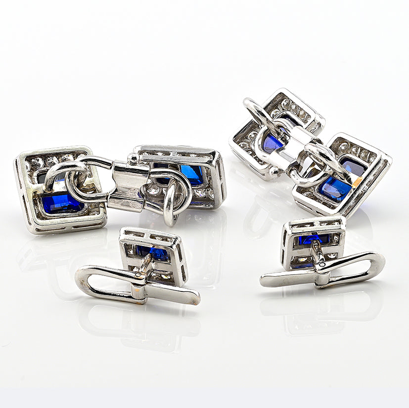 Vintage 11.40ct Sugarloaf Sapphire and Diamond Cluster Cufflinks Suite Dress Set