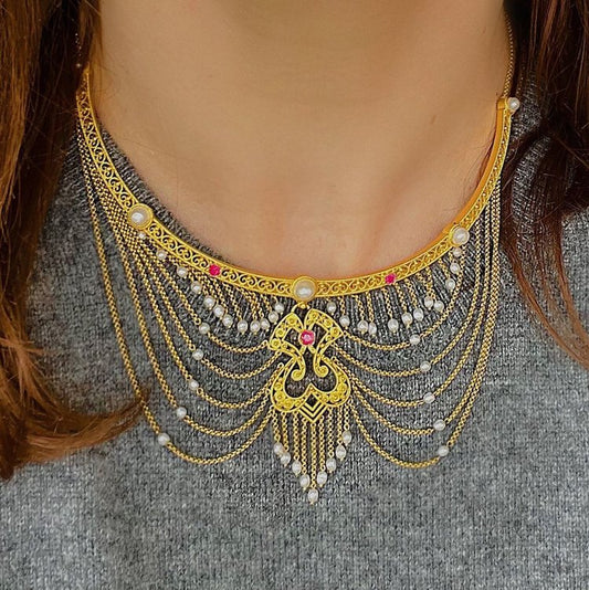 Antique Italian Neo Renaissance Style 18ct Gold Festoon Swag Necklace with Natural Pearls and Rubies