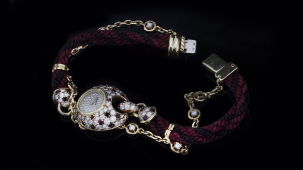 Vintage DaLaneau 18ct Yellow Gold 22mm Ladies Bracelet Watch with Diamonds and Rubies, Circa 1980s