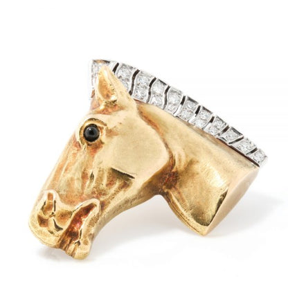 Vintage 18ct Yellow Gold Horse Head Brooch with Diamonds; 18ct gold brooch in the form of a horse's head, the mane decorated with brilliant-cut diamonds. Circa 1950s