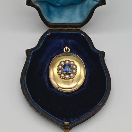 Victorian Antique Russian 2.60ct Ceylon Sapphire and Natural Pearl Cluster Gold Locket Pendant