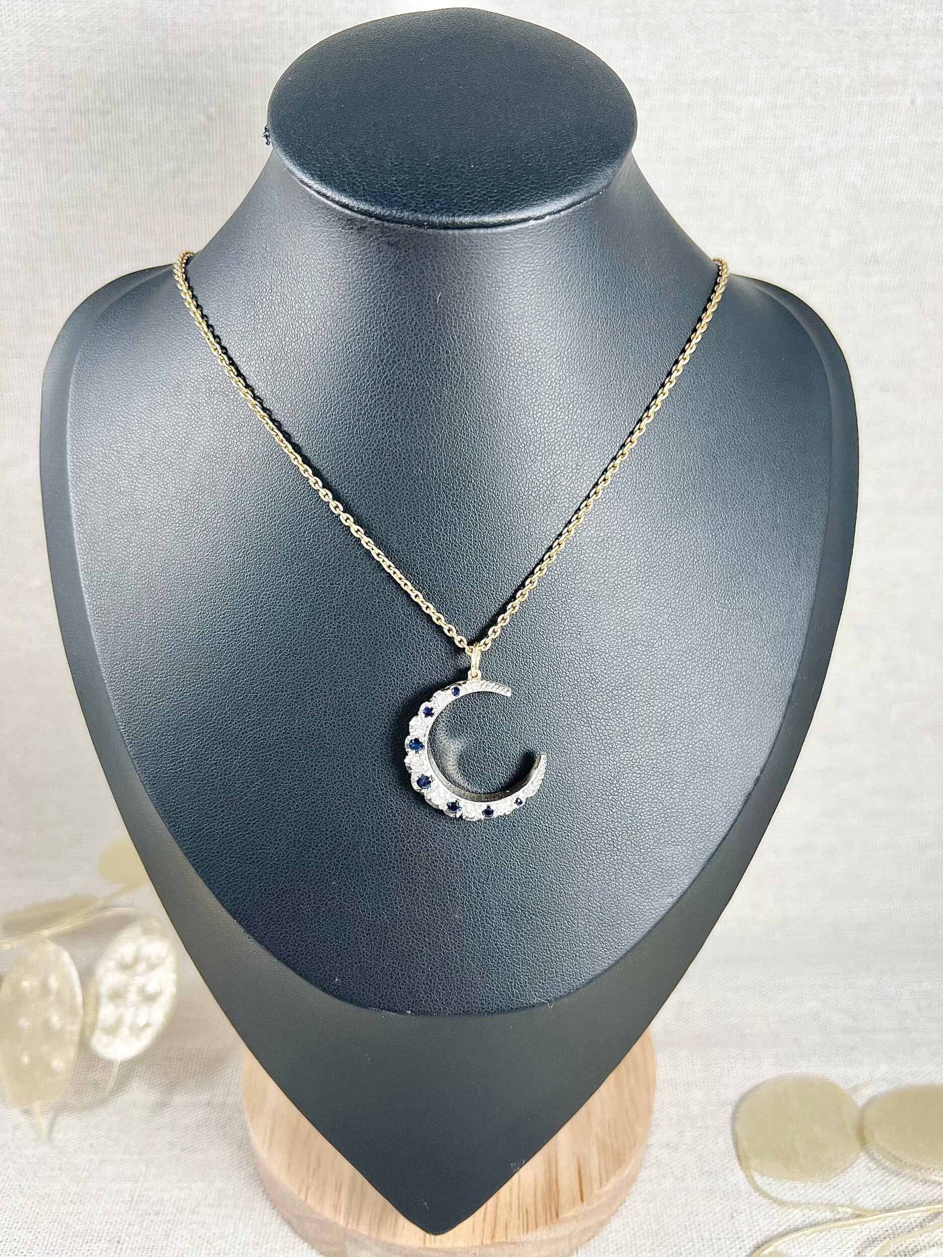Victorian 9 Carat Gold, Silver, Sapphire and Diamond Crescent Moon Pendant