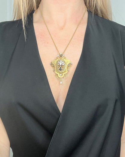 Antique Diamond, Enamel And Pearl Brooch In 18 Carat Yellow Gold