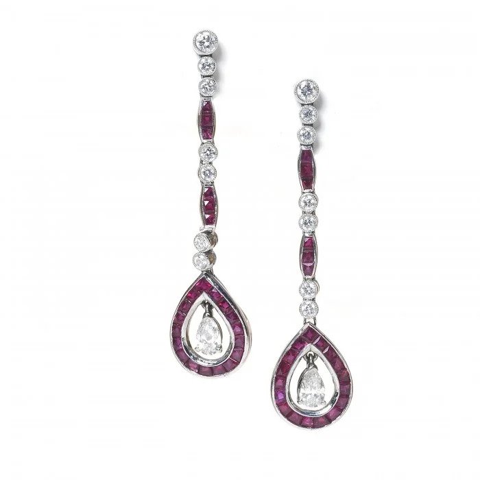 Contemporary Art Deco Style 2.90ct Ruby and Diamond Drop Earrings in Platinum