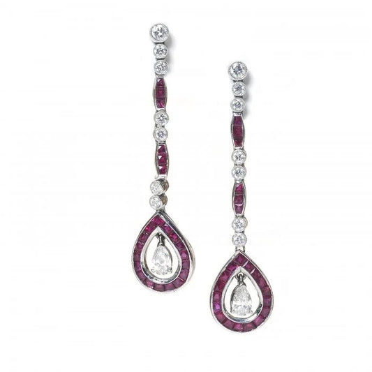 Contemporary Art Deco Style 2.90ct Ruby and Diamond Drop Earrings in Platinum