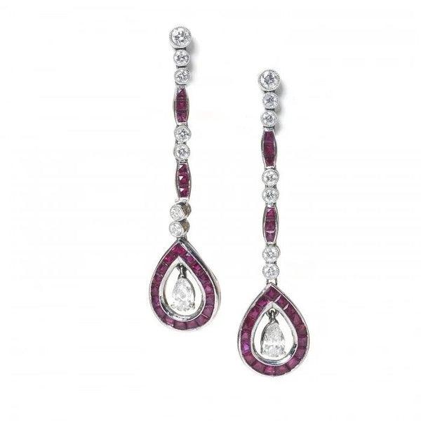 Contemporary Art Deco Style 2.90ct Ruby and Diamond Drop Earrings in Platinum